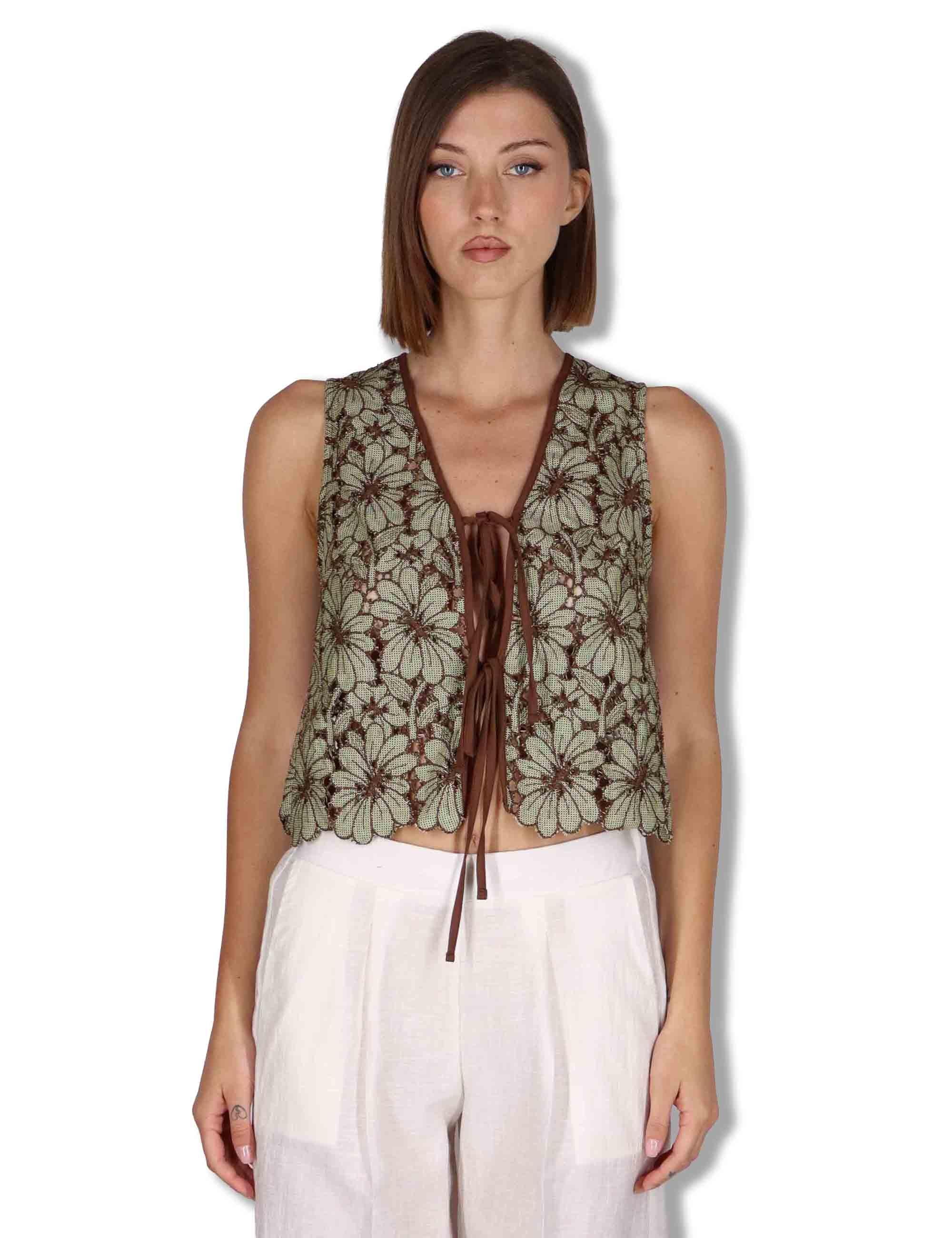 Gilet donna in macrame verde ricami floreali e nappine JABGI0001-F1504-1251 7046 Justmine 
