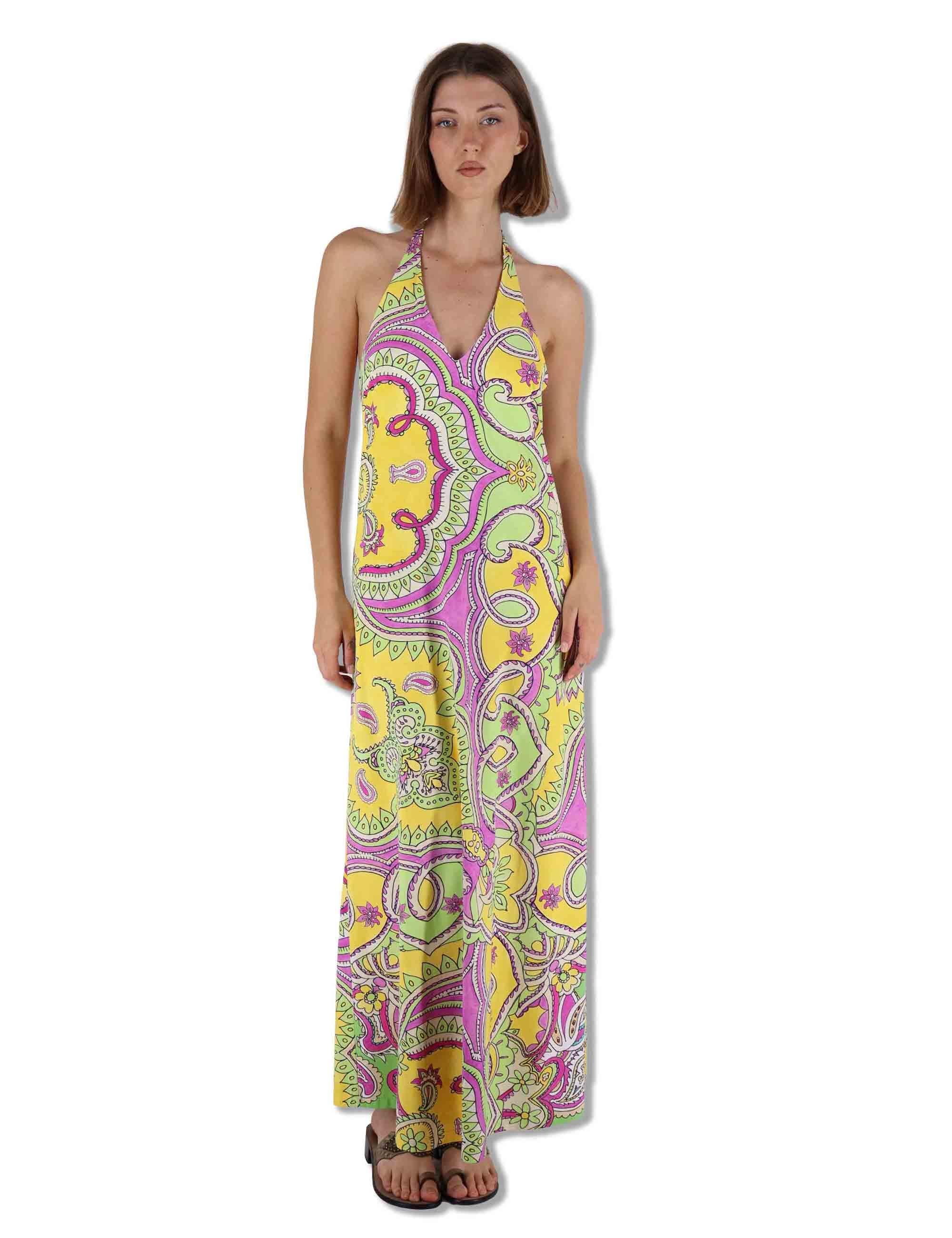 Abiti donna Hippie Lotus in tessuto stampato verde e blu senza maniche JF671170671 D6084 Maliparmi 