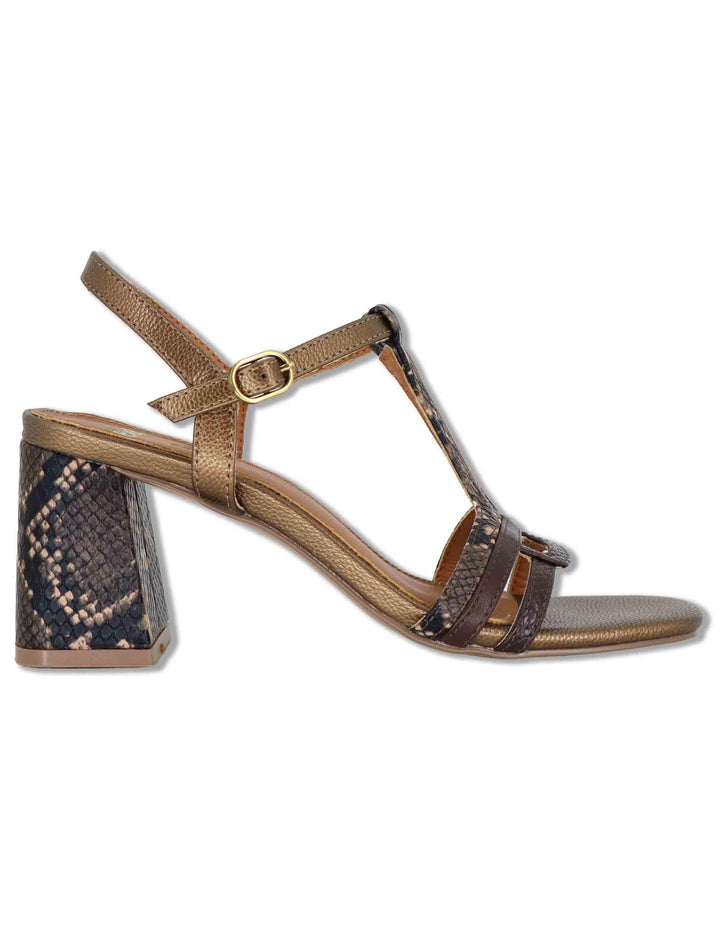 Sandali donna in tessuto stampato bronzo con tacco alto e conturino alla caviglia COCO-920 H282 Exe 