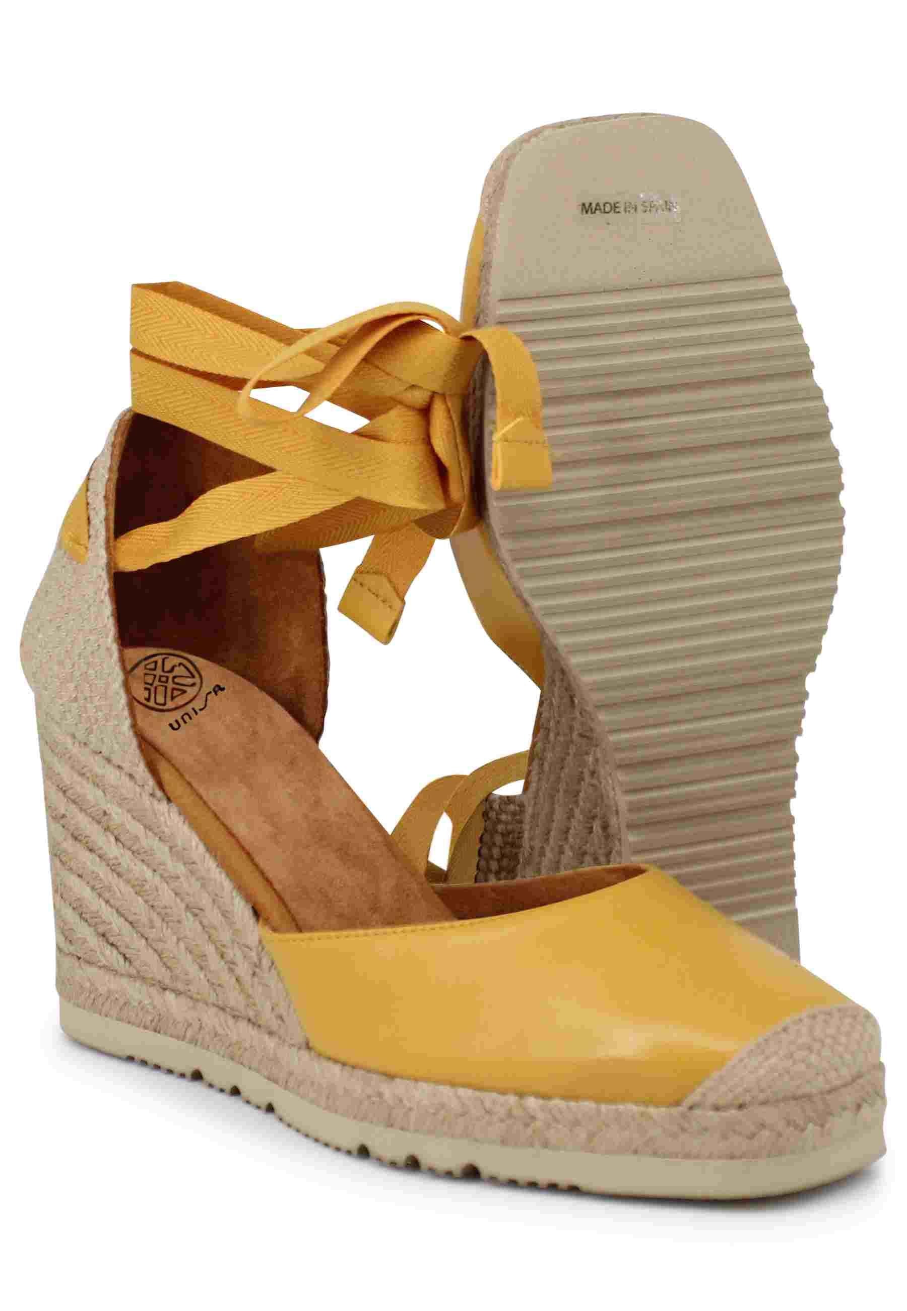 Sandali espadrillas donna in pelle gialla con lacci alla caviglia e zeppa alta CARAT NS MERIGOLD Unisa 