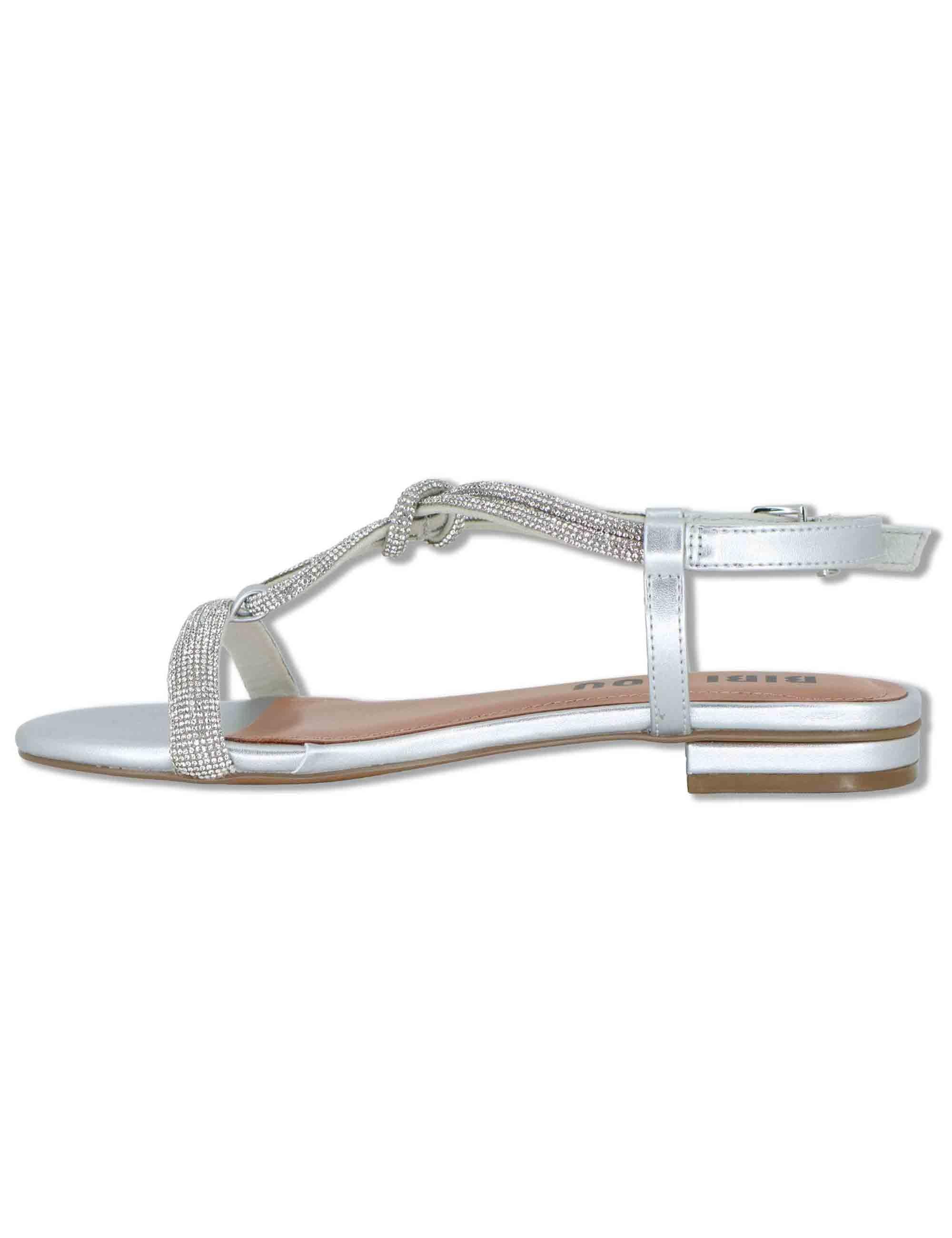 Sandali donna flat in pelle e strass argento con cinturino regolabile Myna 956Z00HG 01-PLATA Bibi Lou 