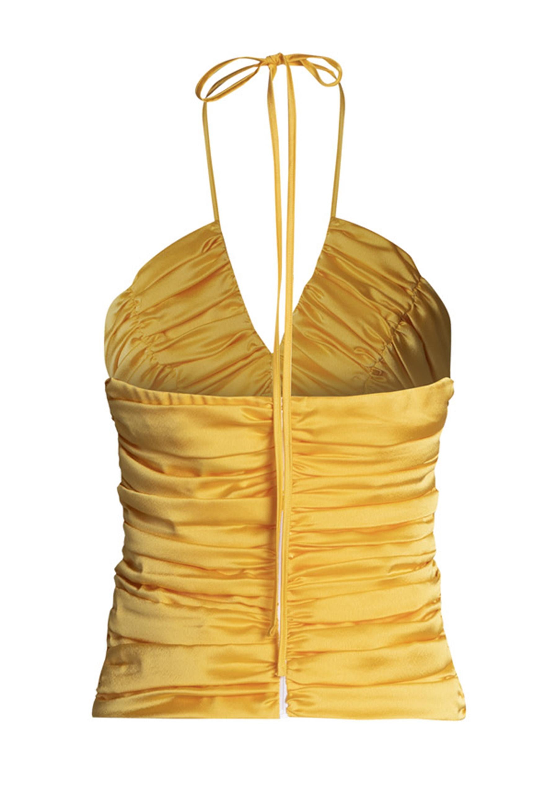 Top donna corto in tessuto giallo con drappeggio centrale e scollo a V THE PAOLINA TOP 007 Nineminutes 