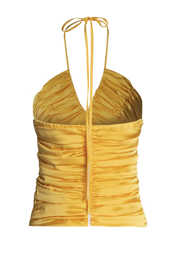 Top donna corto in tessuto giallo con drappeggio centrale e scollo a V THE PAOLINA TOP 007 Nineminutes 