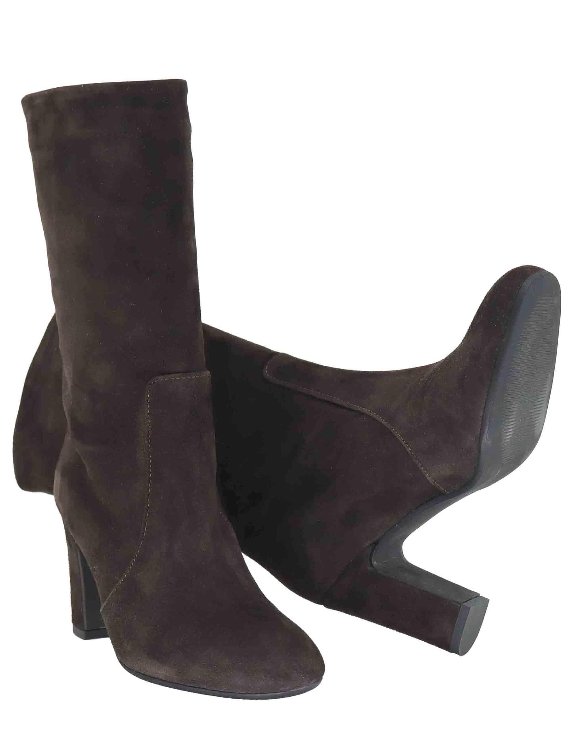 Stivaletti donna in camoscio marrone a tubo con tacco alto 3350 014 Les Venues 