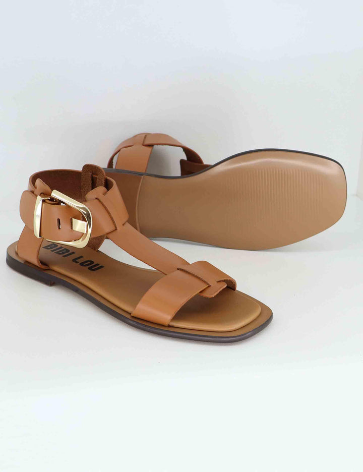 Sandali flat donna Sunny in pelle cuoio con fibbia oro 901Z10AA 014 Bibi Lou 
