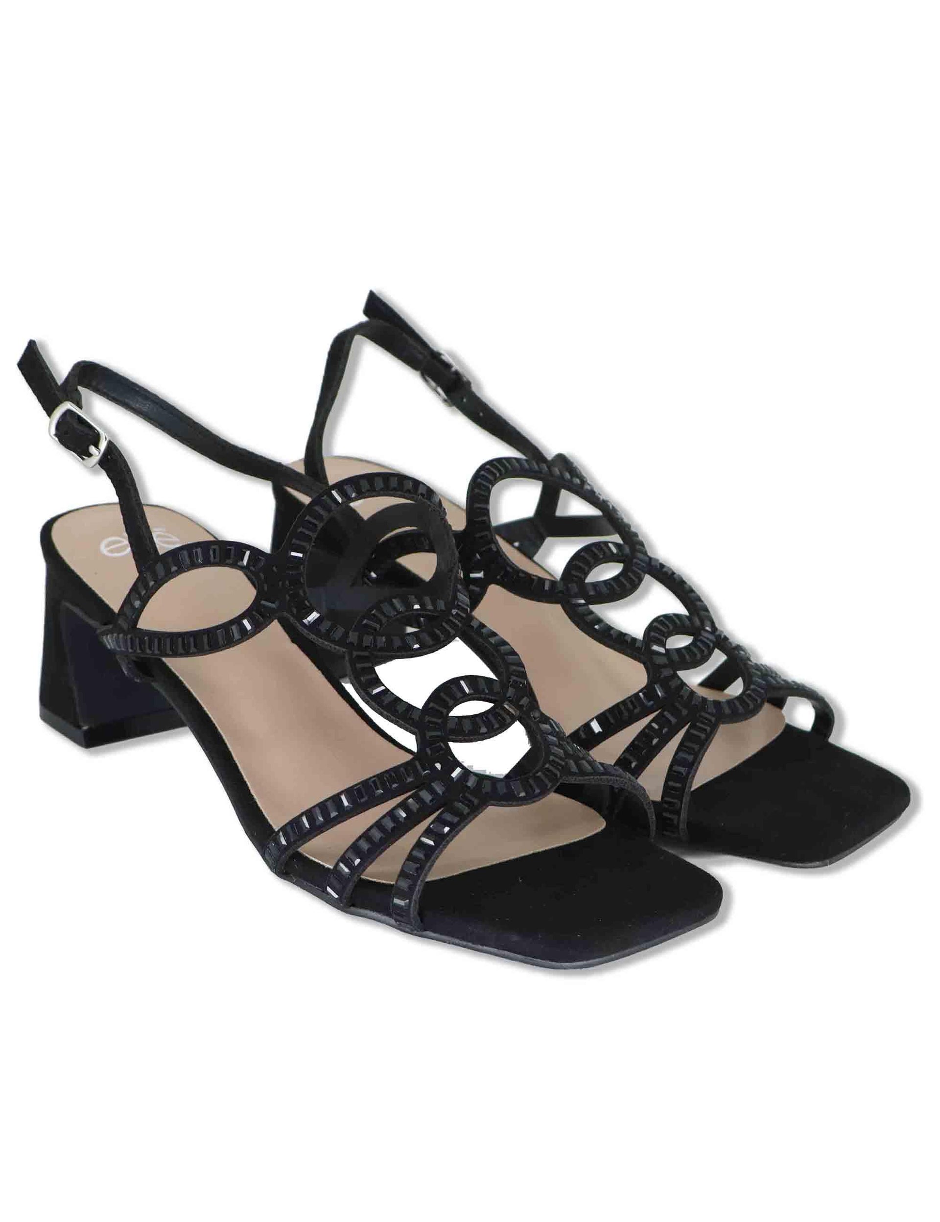 Sandali donna slingback in eco camoscio nero con borche e tacco medio 3H107-16 3K54 Exe 