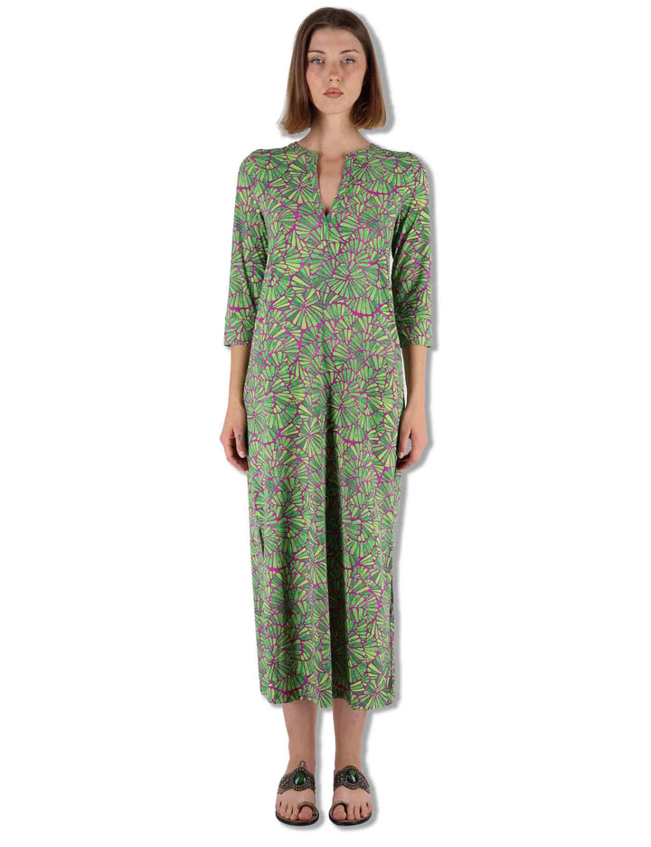 Abiti lunghi donna Shell in tessuto stampato verde con maniche a 3/4 JF667370672 A5032 Maliparmi 