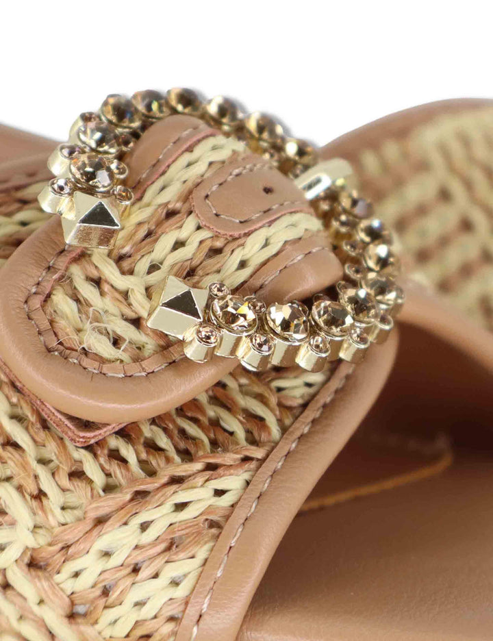 Sandali donna in rafia naturale con fibbia gioiello e tacco oro W4700410 25G0 Exe 