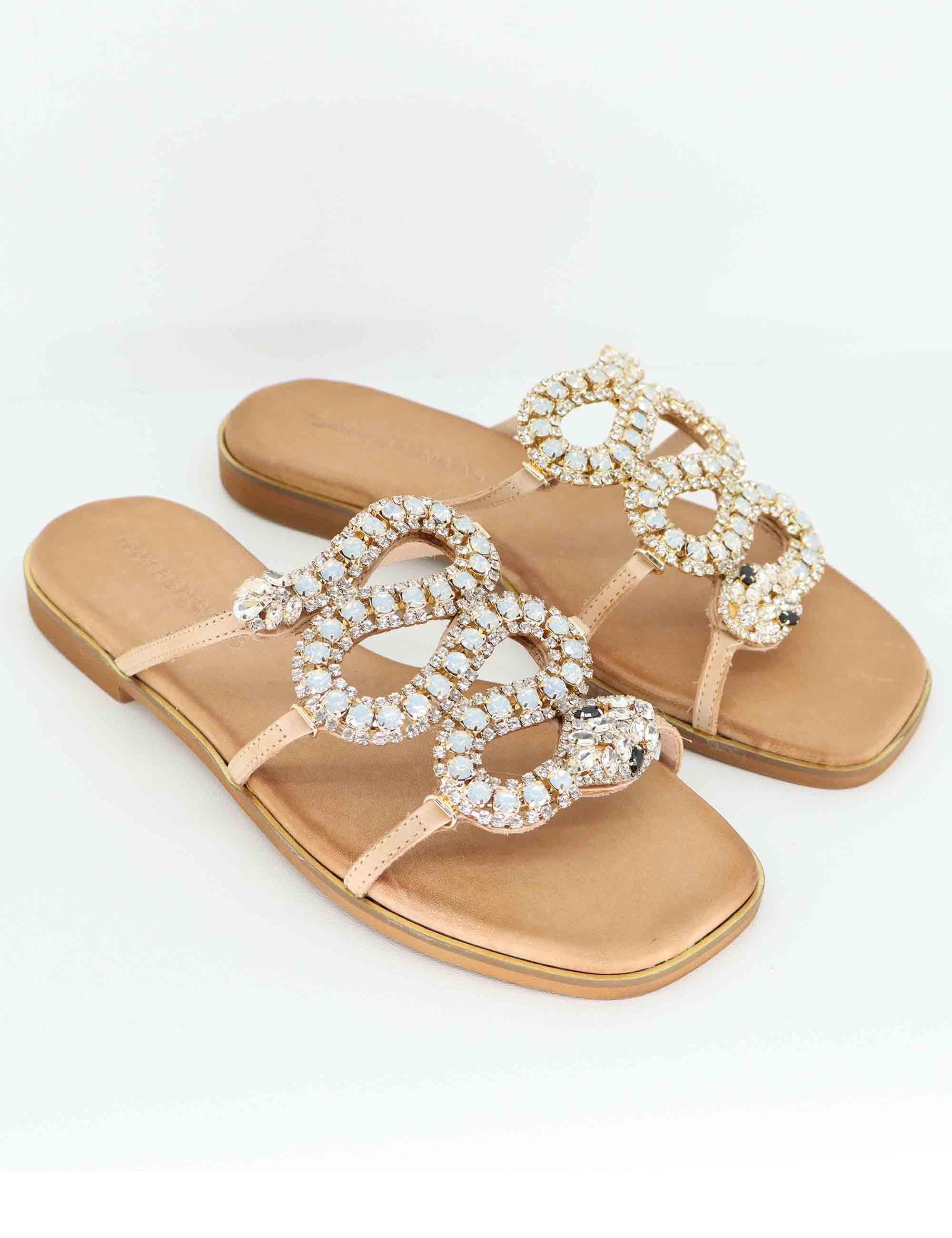 Sandali bassi donna in pelle beige con strass U4100543175D 543 Tsakiris Mallas 