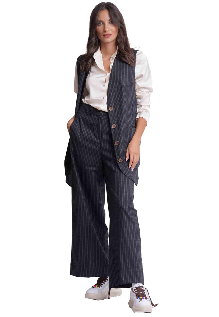 Maxi gilet donna in gessato nero monopetto BUSTA 001 TreBarraBi 