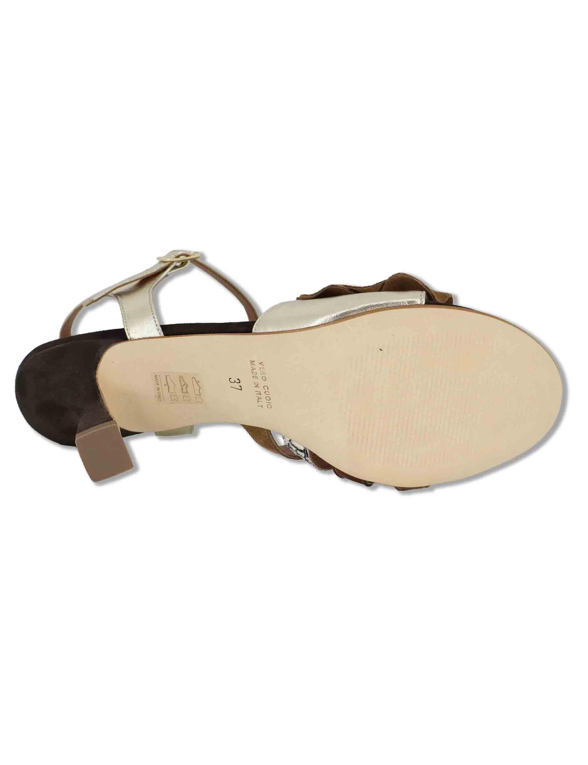 Sandali donna in pelle laminata oro e camoscio nero con fiore e tacco alto 1040 006 Tattoo 