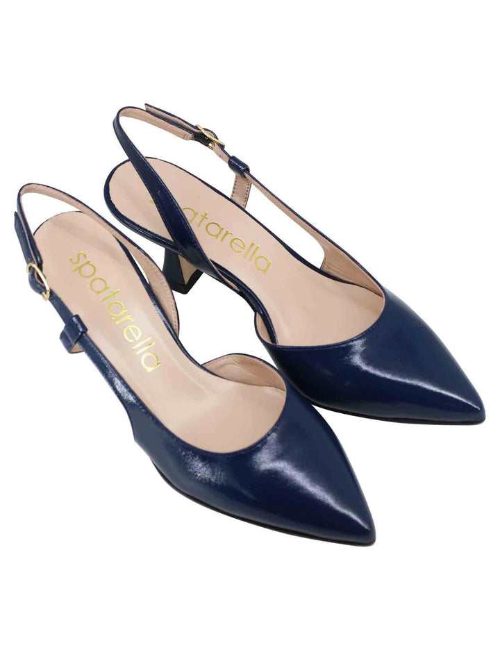 Decollete slingback donna in pelle blu con tacco alto e scollo asimmetrico SPR4630 002 Spatarella 