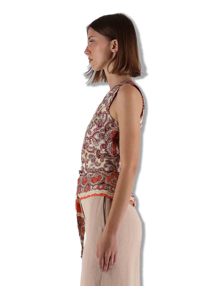 Top donna monospalla Sunset Paisley in viscosa stampata beige con frange JP555550662 B1294 Maliparmi 