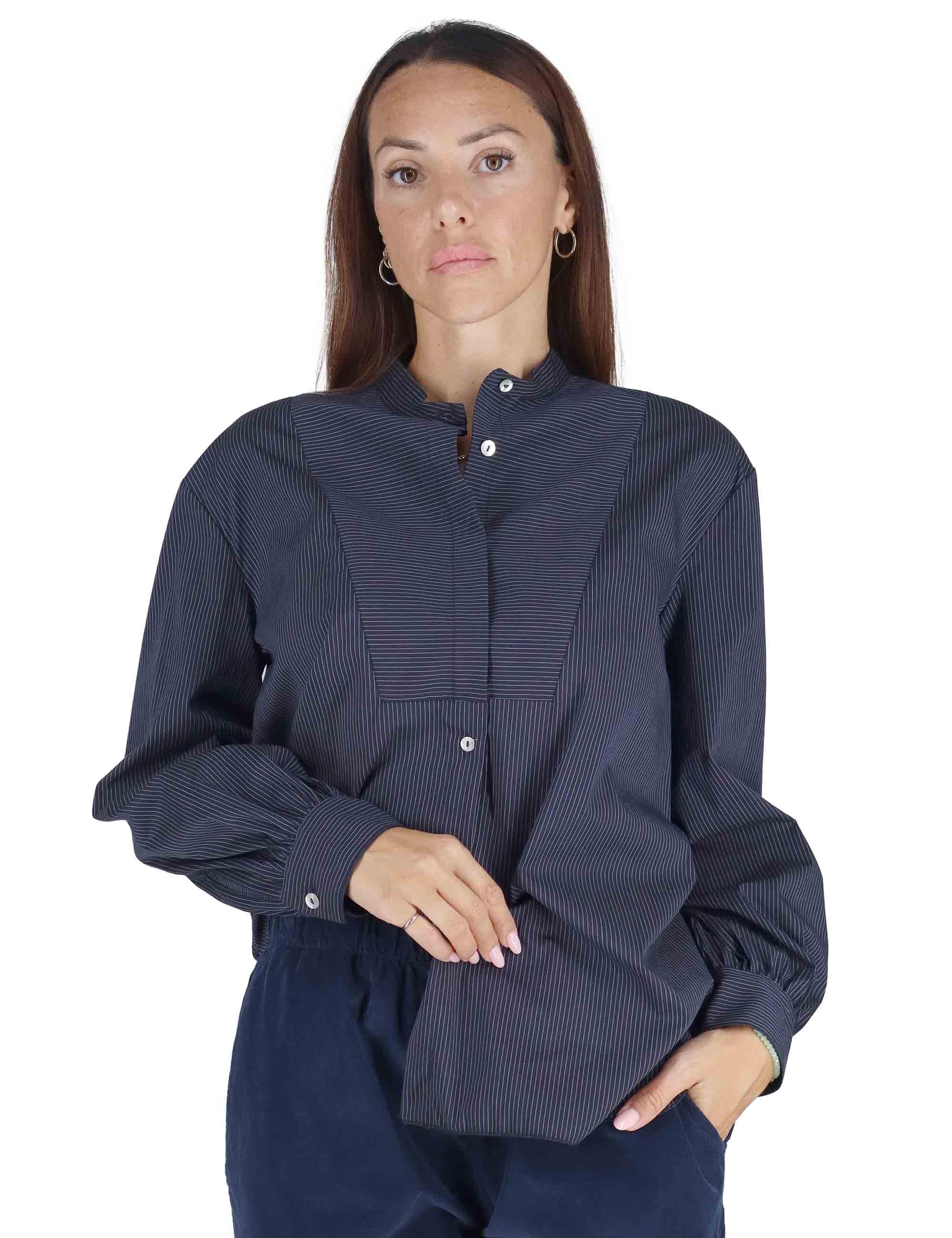 Camicie donna in cotone blu con maniche lunghe e collo alla coreana 3W25-CERRO PIN NIGHT TreBarraBi 