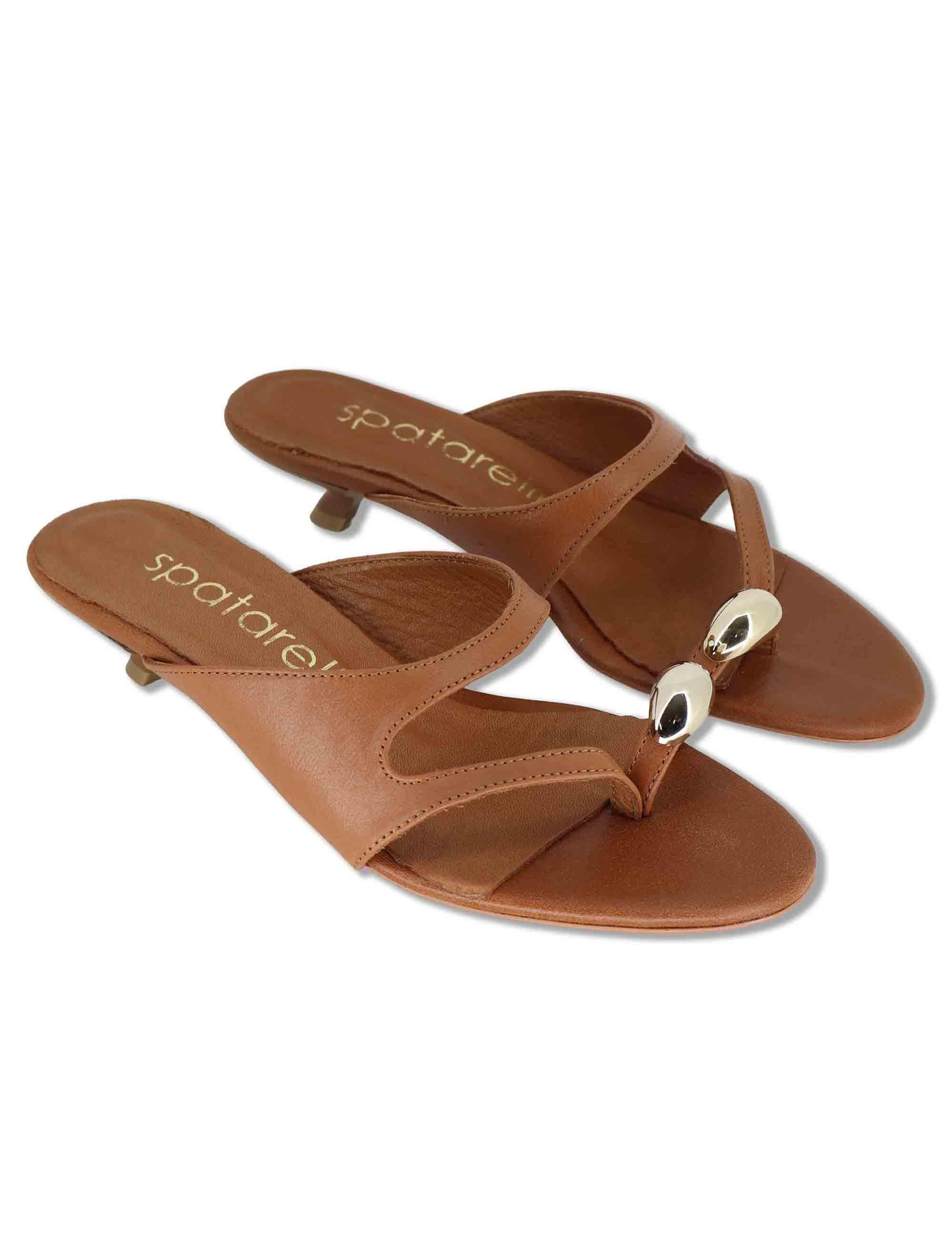 Sandali donna infradito in pelle cuoio con anello oro e tacco basso SP261650 014 Spatarella 