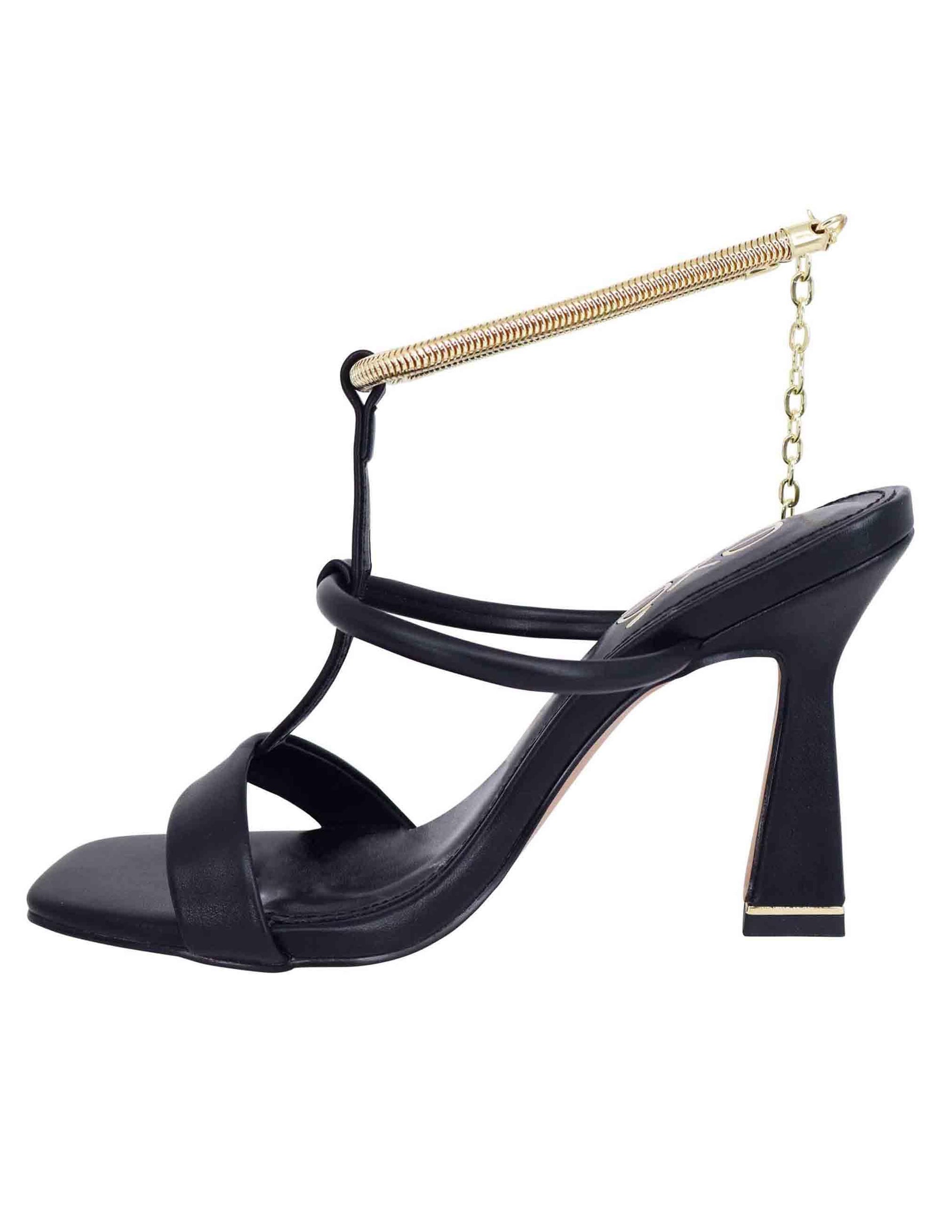 Sandali donna in eco pelle nera con tacco alto e cavigliera morbida in oro S47002545340 245 Exe 