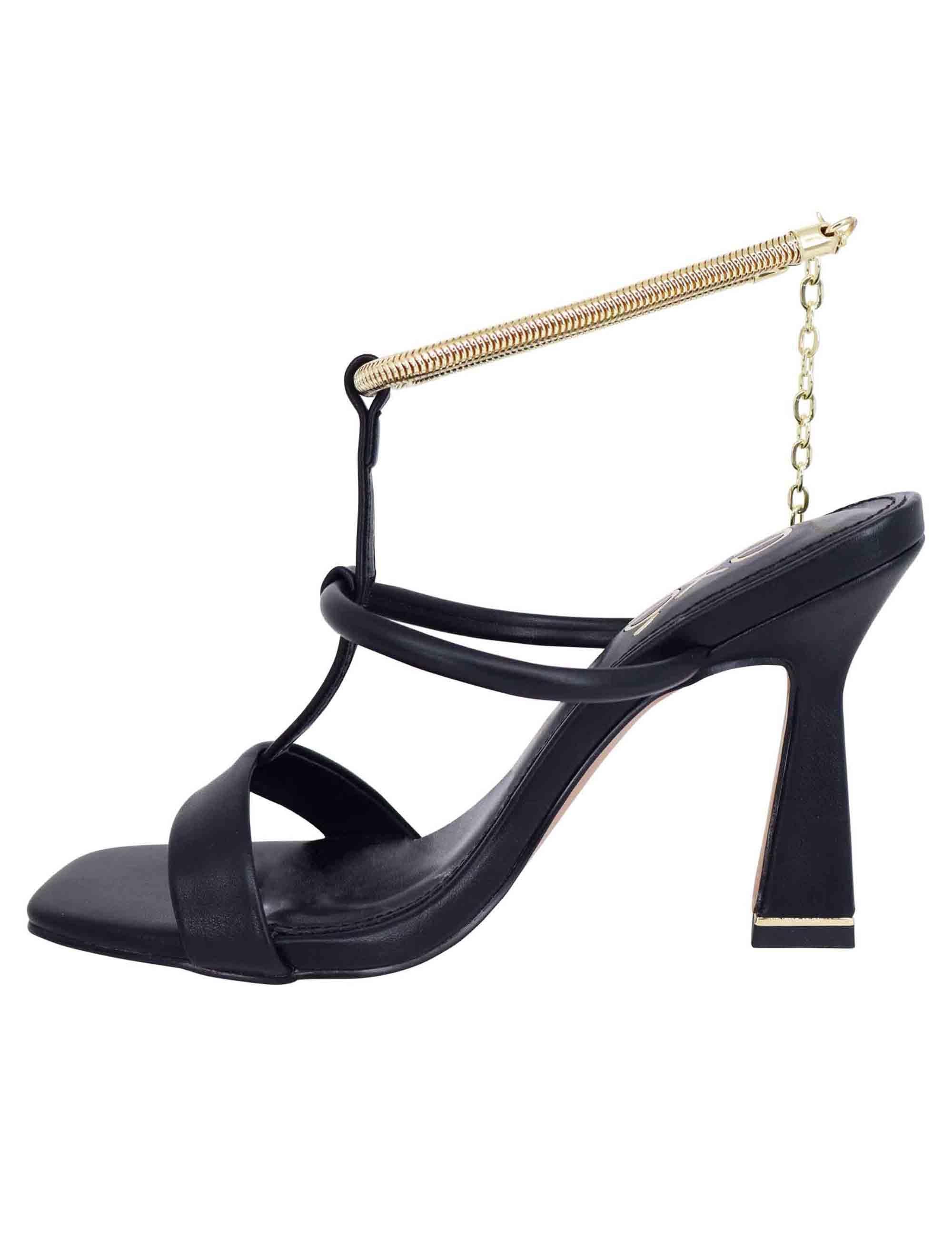 Sandali donna in eco pelle nera con tacco alto e cavigliera morbida in oro S47002545340 245 Exe 