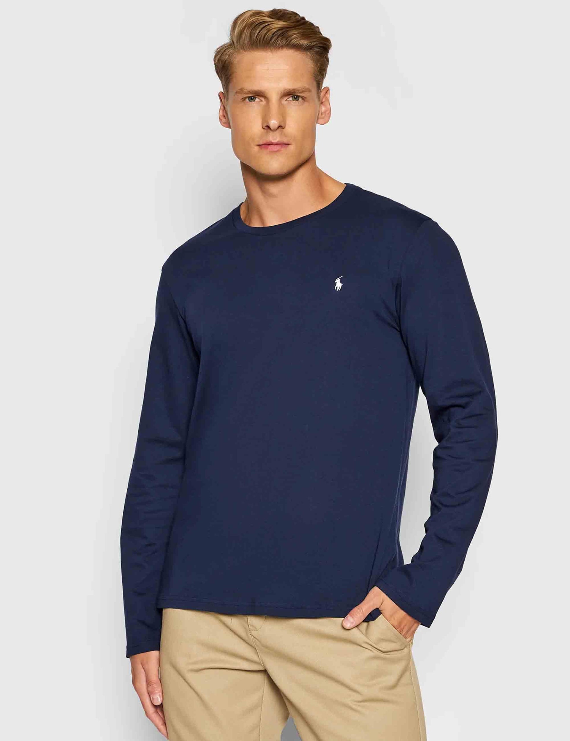 T-shirt uomo Crew in cotone blu con logo ricamato e maniche lunghe 714844759002 CRUISE NAVY Polo Ralph Lauren 