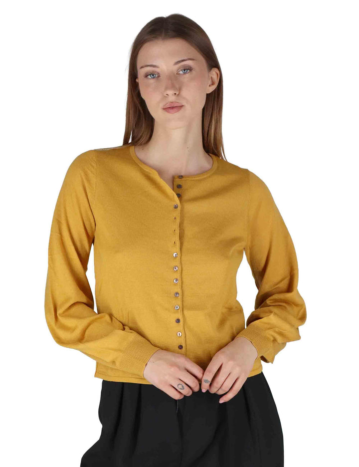 Cardigan donna New Merinos Bland in lana senape a girocollo con bottoncini JN369778199 70013 Maliparmi 