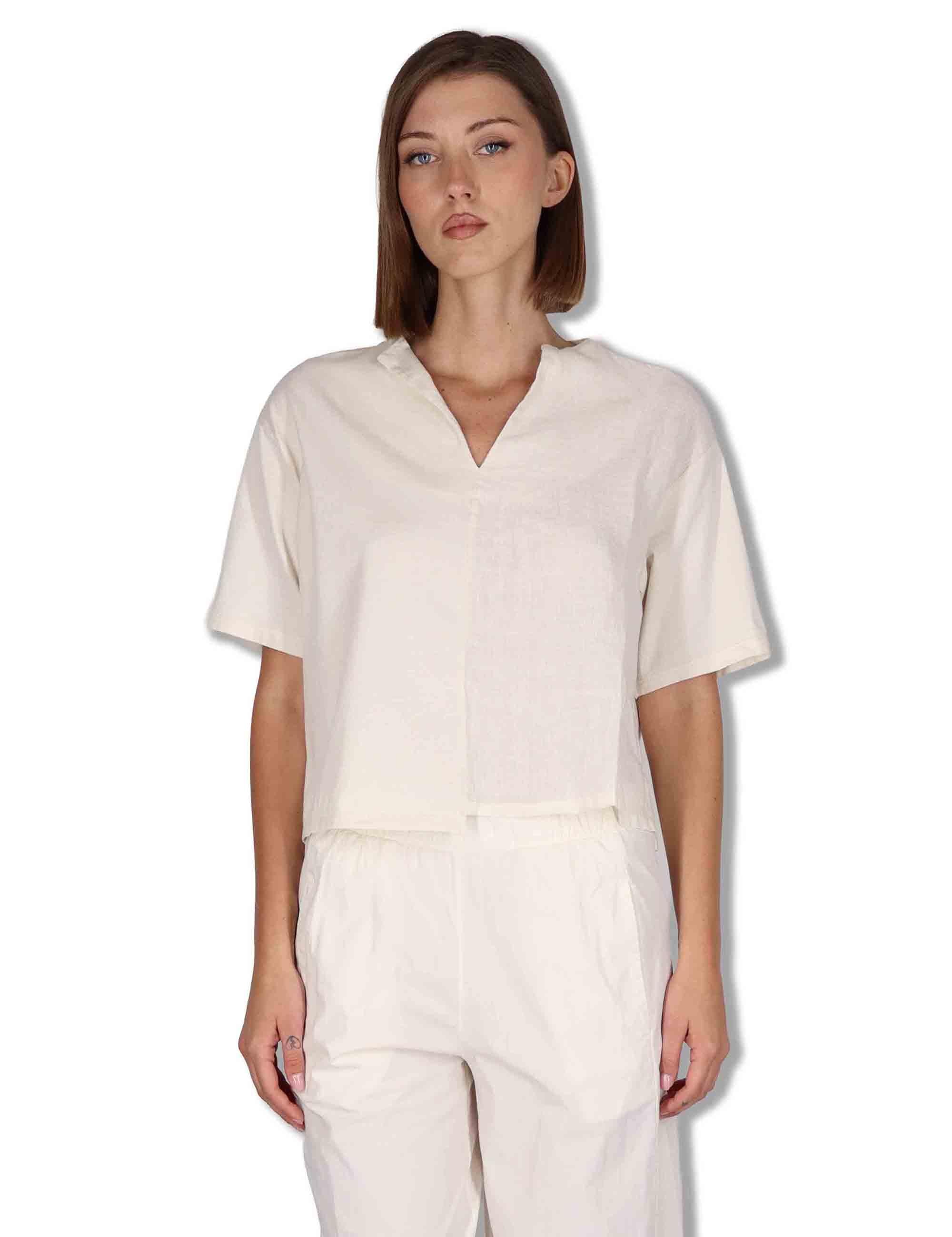 T-Shirt donna in cotone off white con scollo serafino e maniche 3/4 TORENIA JLIN_BUTTER TreBarraBi 