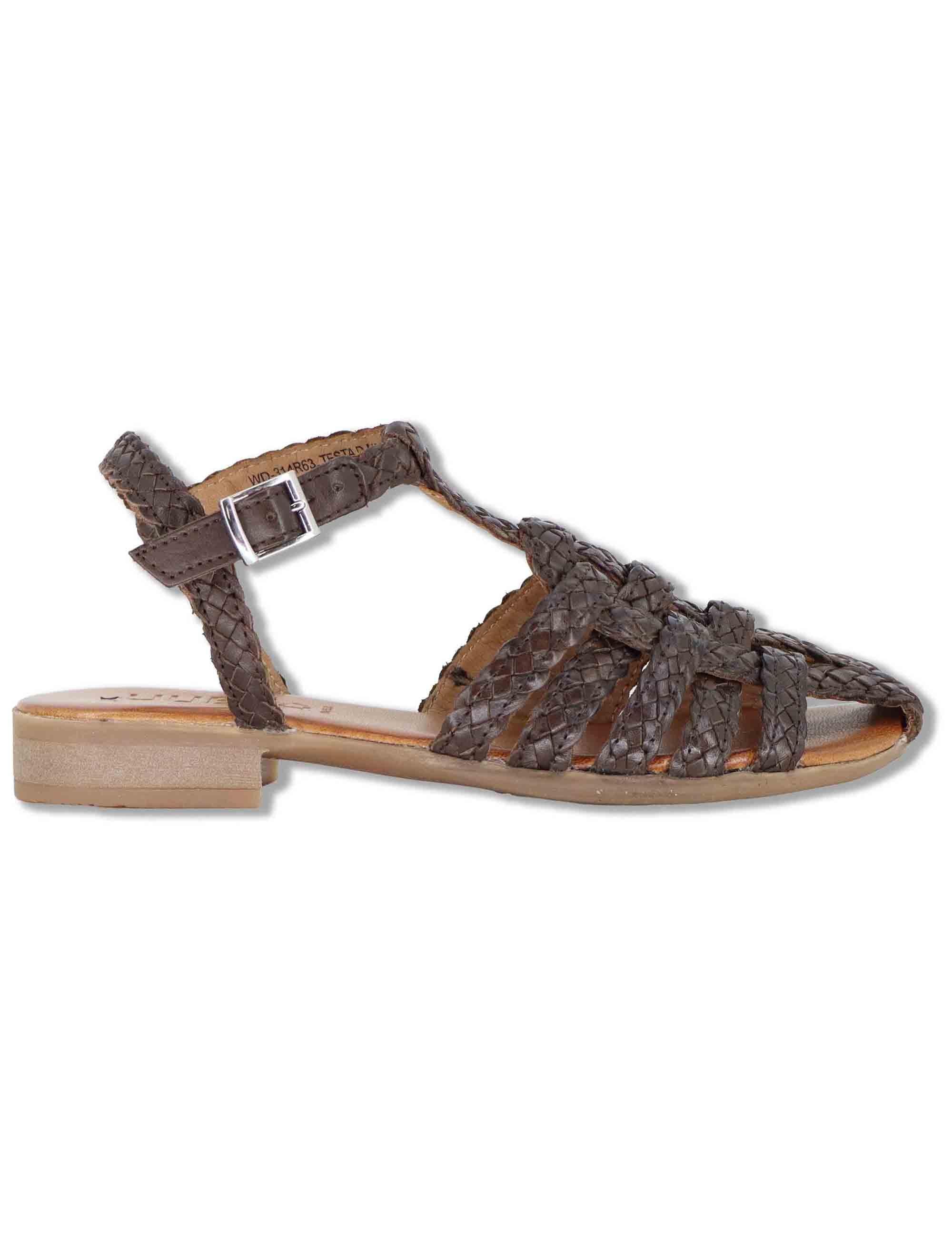 Sandali bassi donna in pelle intrecciata marrone con cinturino alla caviglia WD314R63 500011 Vueva 