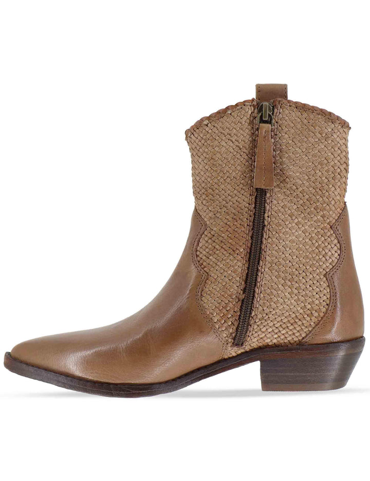 Stivaletti donna in pelle intrecciata cuoio con tacco basso 261-304-14 MOCHA Zolfo 