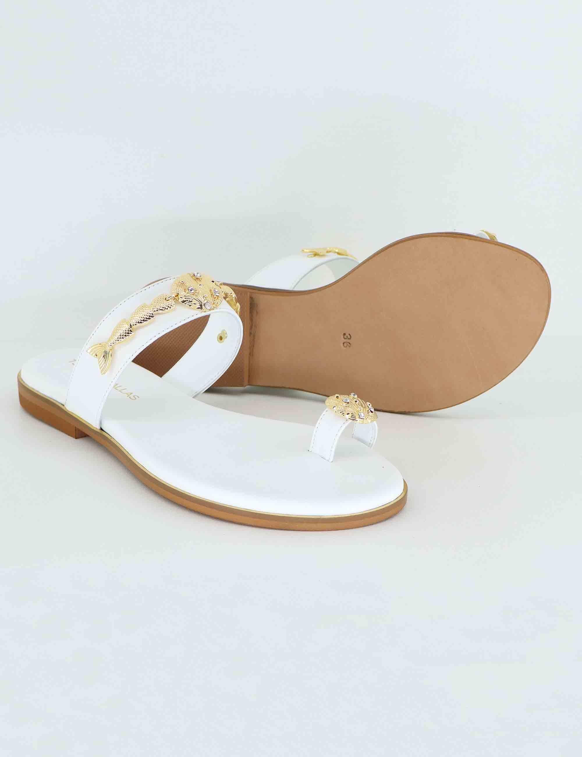 Sandali flat infradito donna in pelle bianca con gioiello U41005011652 501 Tsakiris Mallas 