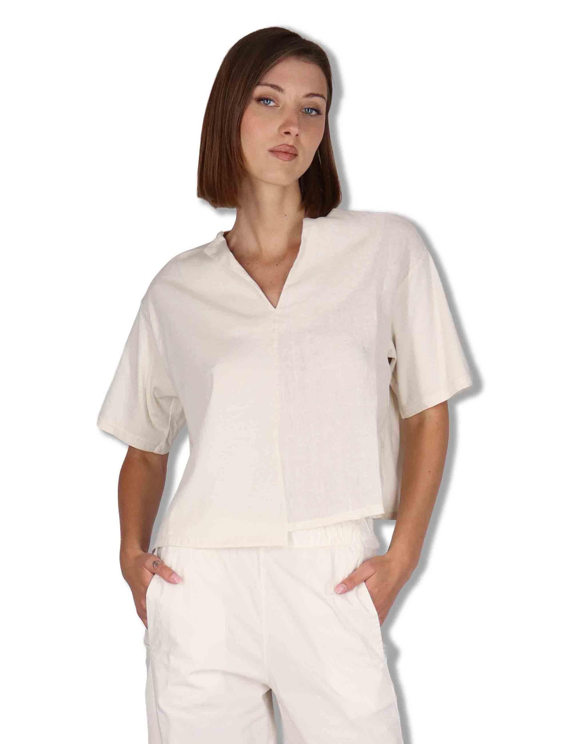 T-Shirt donna in cotone off white con scollo serafino e maniche 3/4 TORENIA JLIN_BUTTER TreBarraBi 