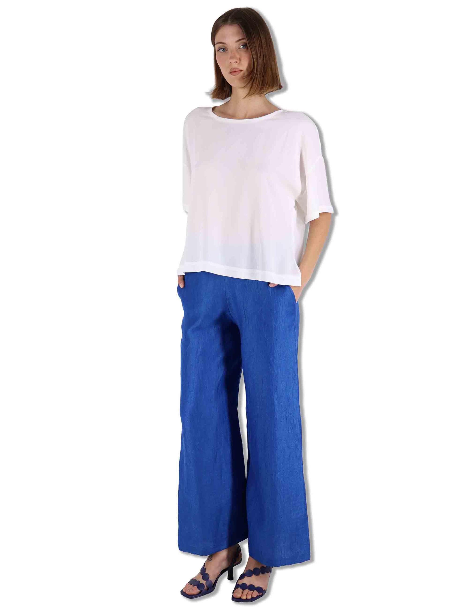 Pantaloni donna Jacquard in lino monocolore blu con tasche laterali JH805340102 80059 Maliparmi 
