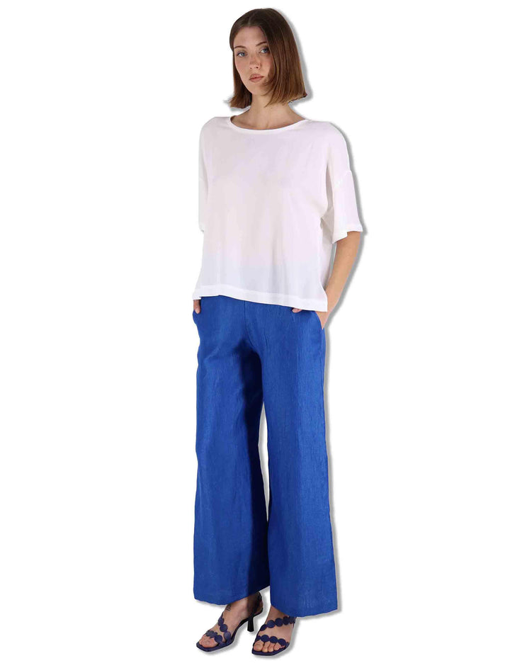 Pantaloni donna Jacquard in lino monocolore blu con tasche laterali JH805340102 80059 Maliparmi 