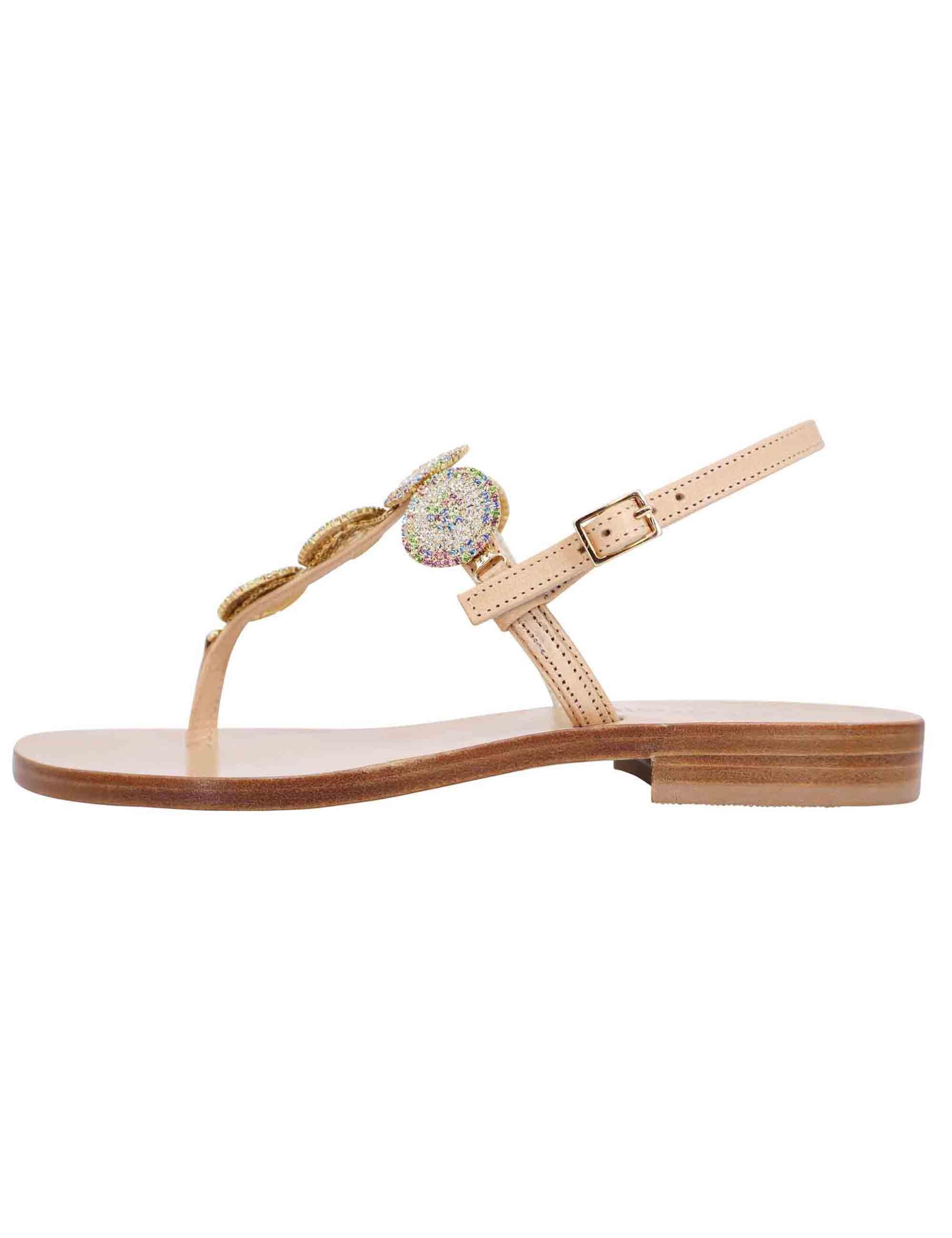 Sandali flat slingback donna in pelle naturale con gioiello e suola in cuoio SPS1056 014 Spatarella 