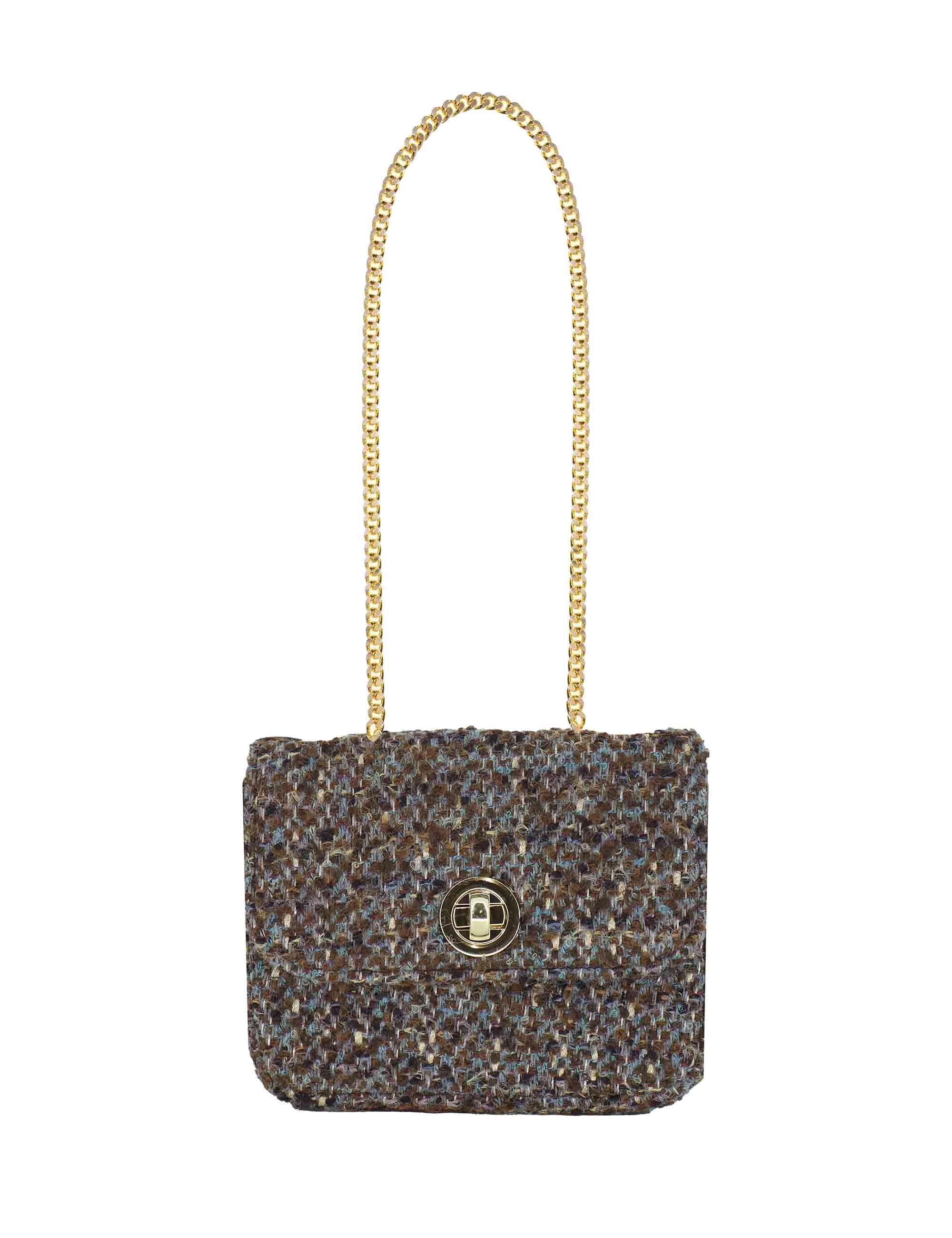 Pochette donna in tessuto decorato taupe con tracolla oro URIEL MIKE Kassiopea 