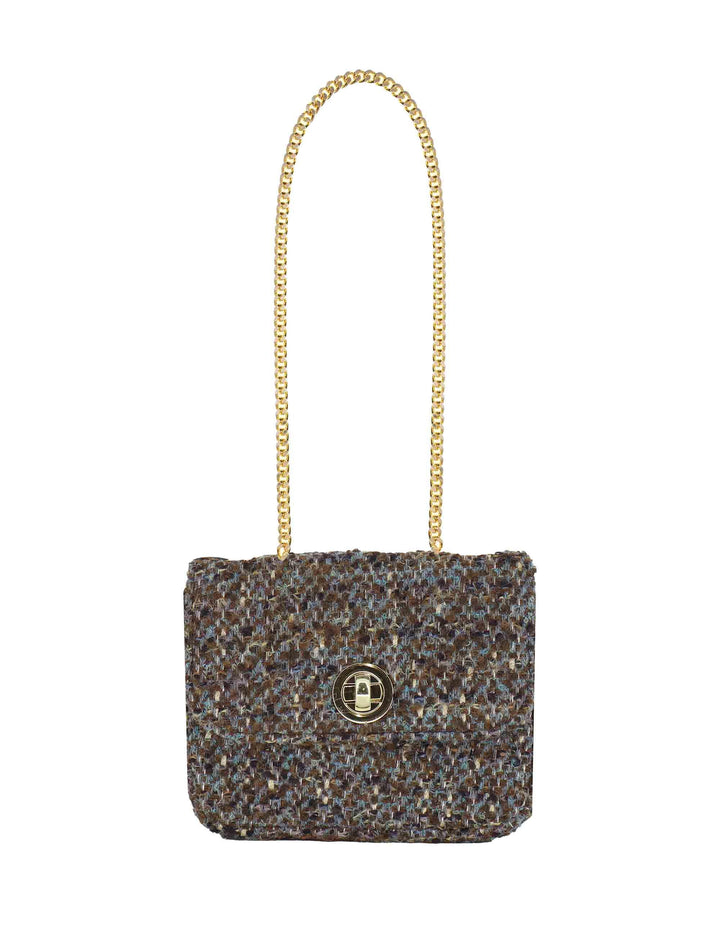 Pochette donna in tessuto decorato taupe con tracolla oro URIEL MIKE Kassiopea 