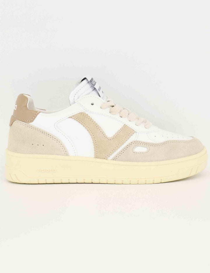 Sneakers donna in pelle bianca e camoscio beige 1257136 Beige Victoria 