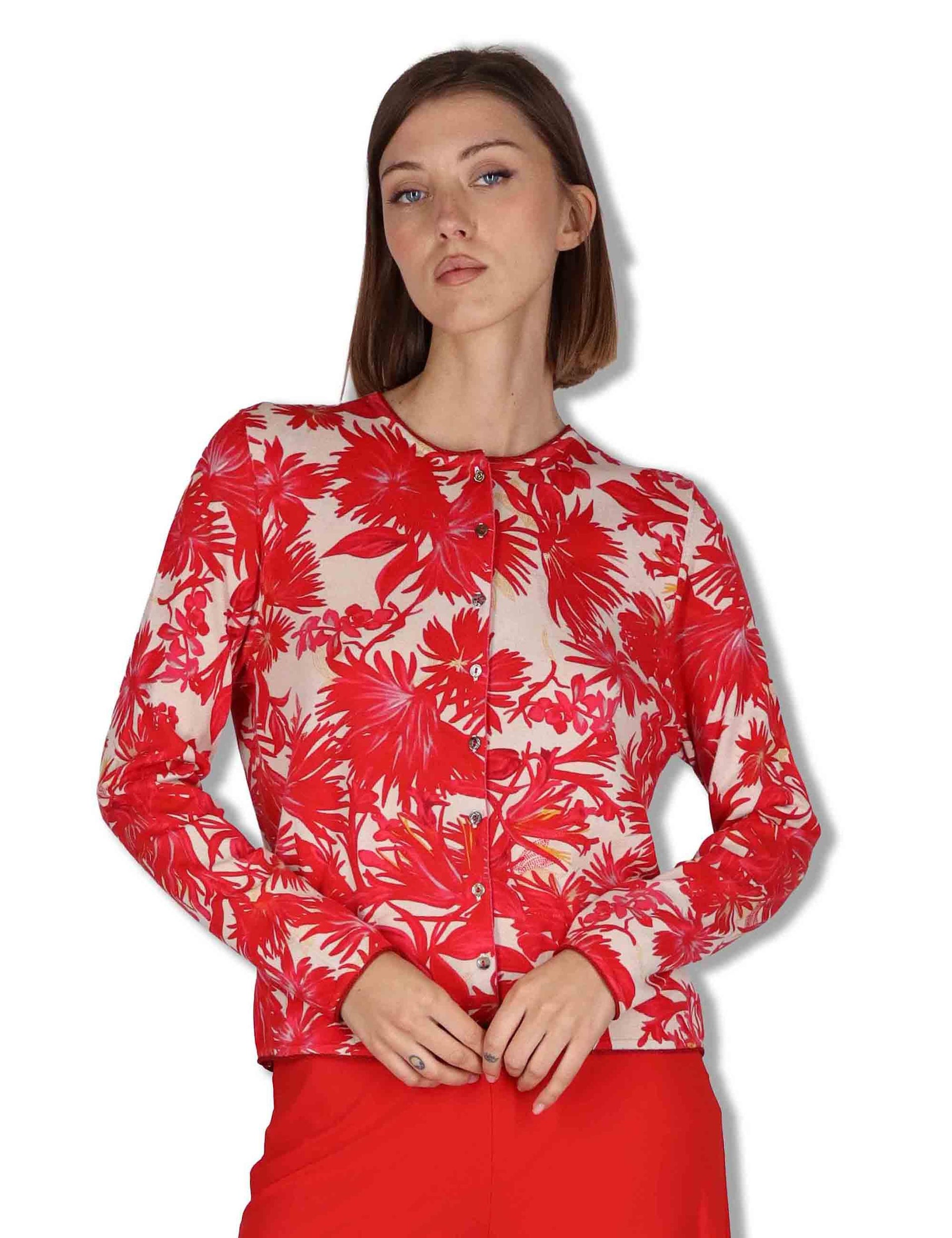 Cardigan donna Cotton Printed in cotone rosso stampato a fantasia JN359978215 B3039 Maliparmi 