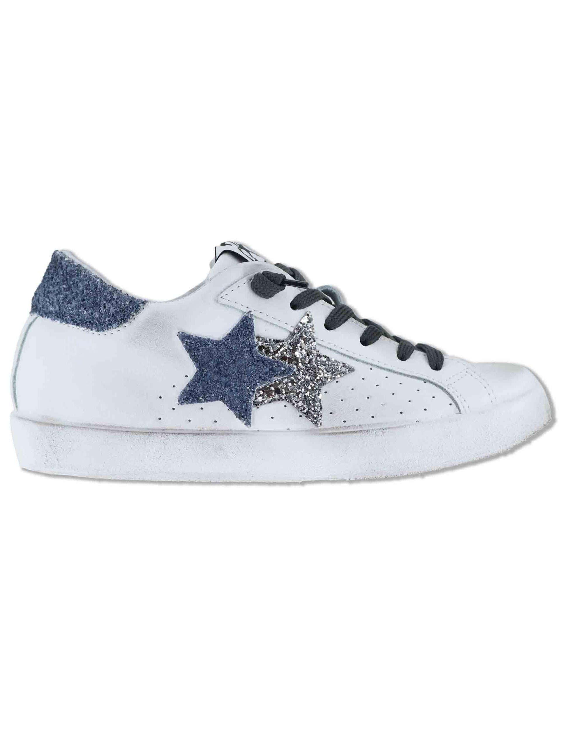 Sneakers donna Prime in pelle bianca e argento con stelle 2SD5108 032 2Star 