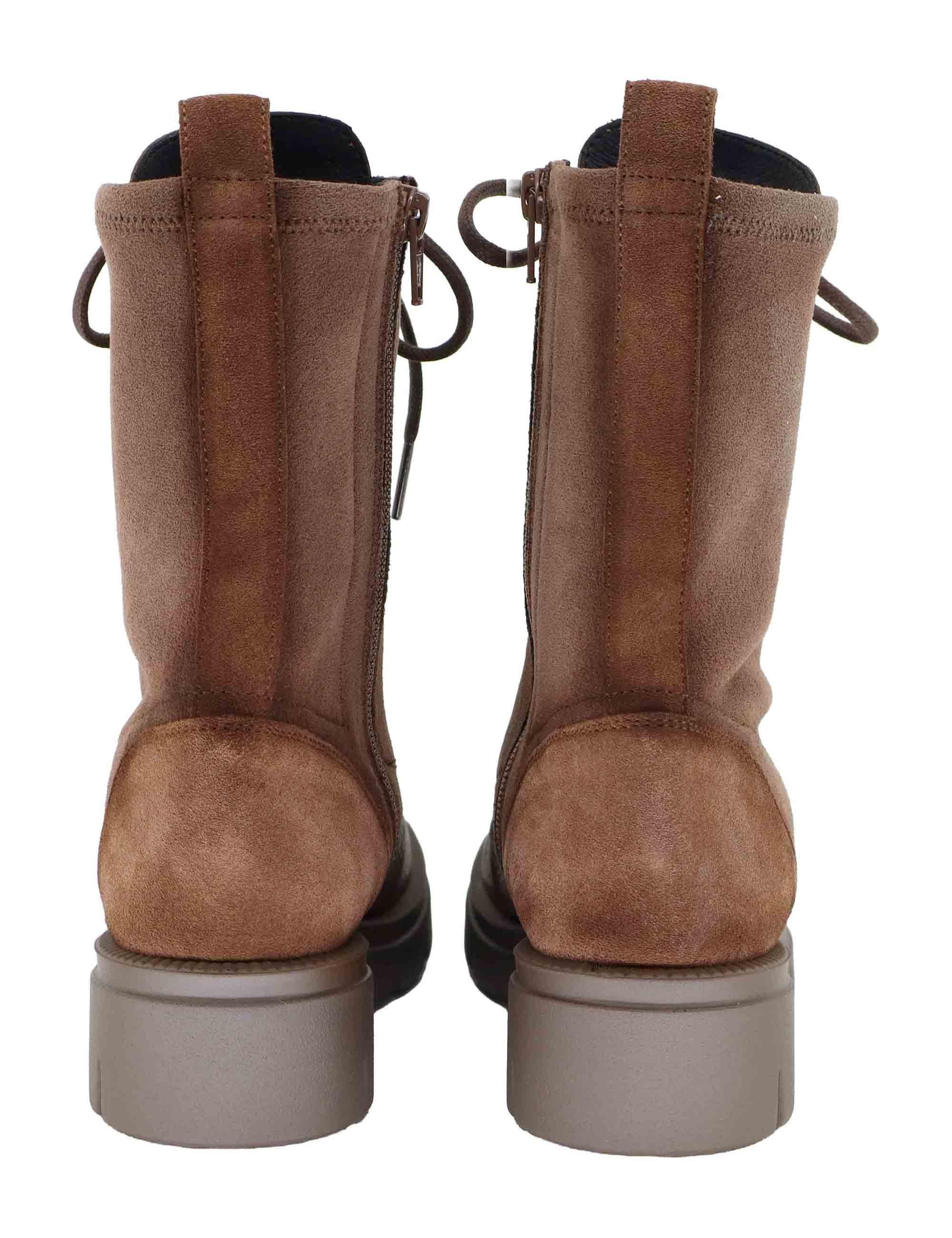 Stivaletti anfibi donna in pelle e tessuto marrone con suola carrarmato HI254234 C004 Hispanitas 