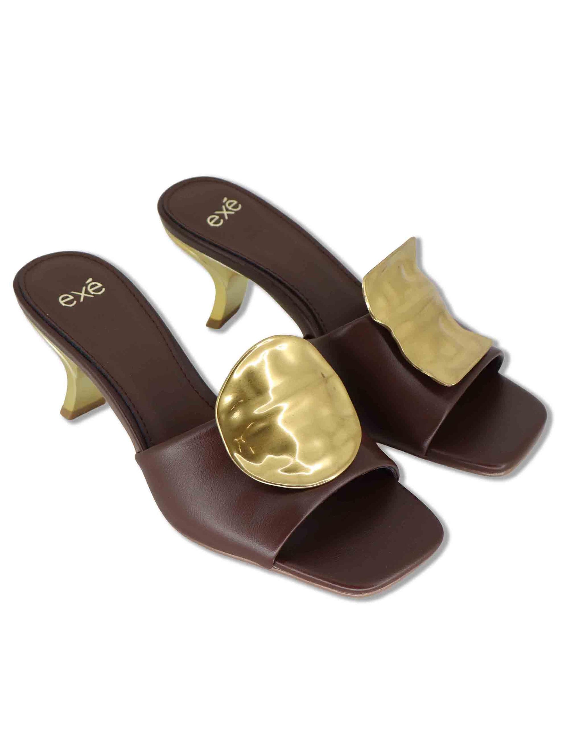 Sandali donna in pelle marrone con accessori diversi e tacco oro W4700212 4J19 Exe 