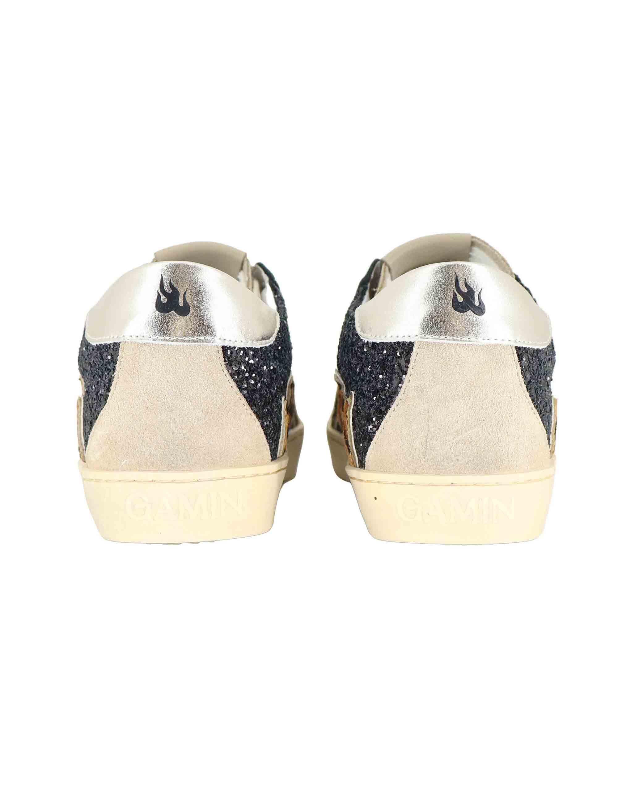 Sneakers donna in glitter nero con logo animalier D0058S05 03 Gamin 