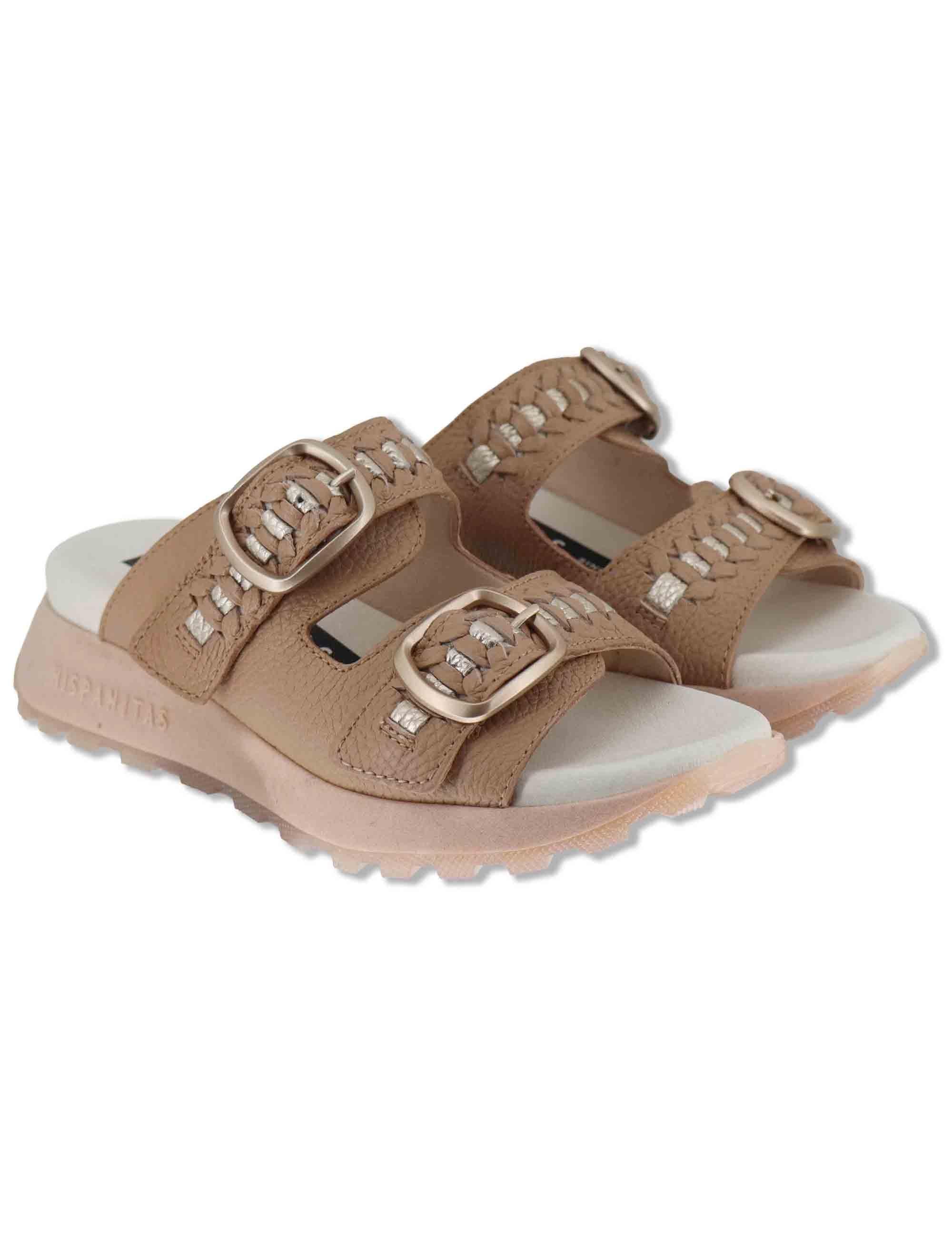 Sandali donna in pelle taupe con doppia fascia e suola running HV264783 ALMOND Hispanitas 