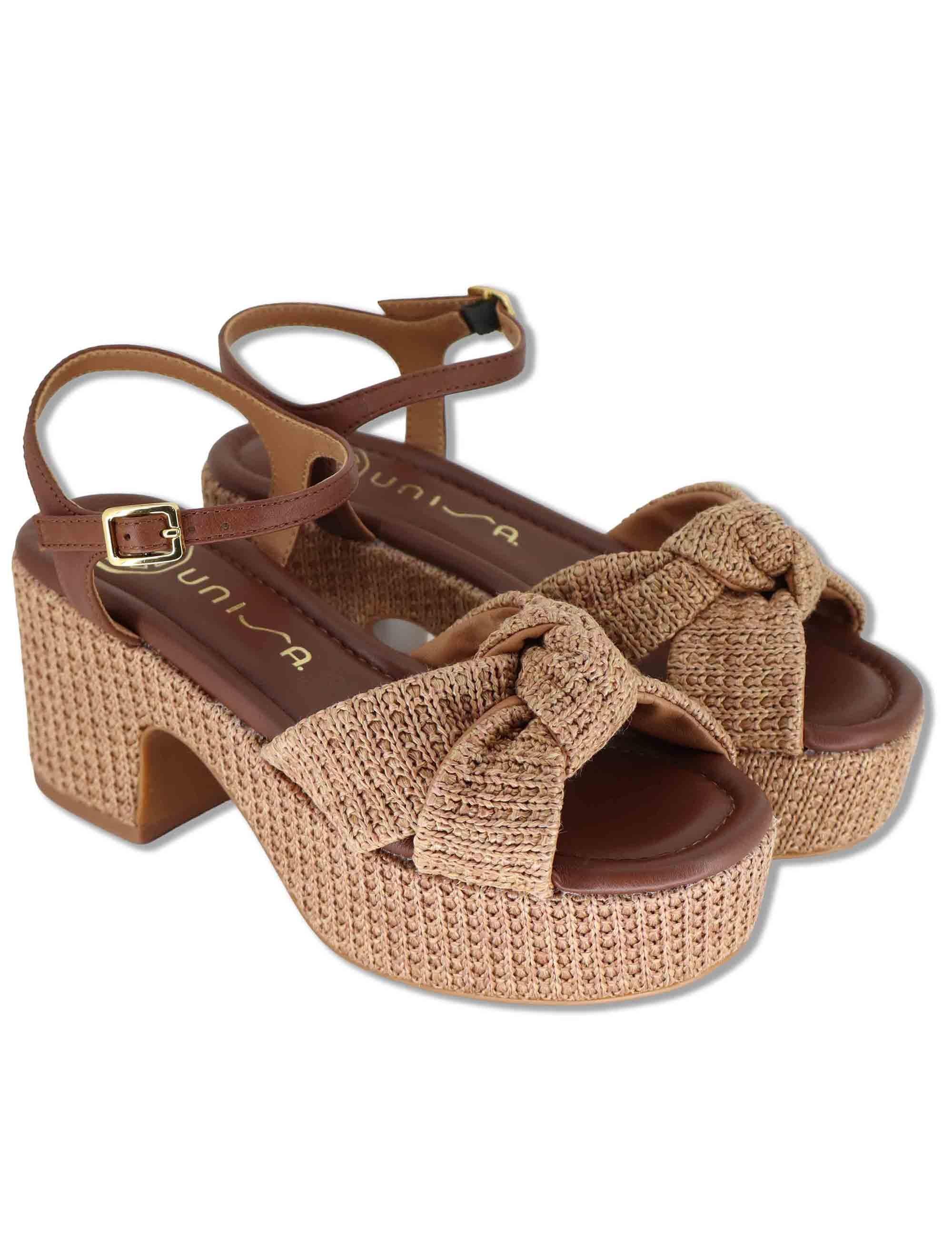 Sandali donna in pelle intrecciata marrone con cinturino e zeppa alta KASIDI RH GRA BOMBON Unisa 