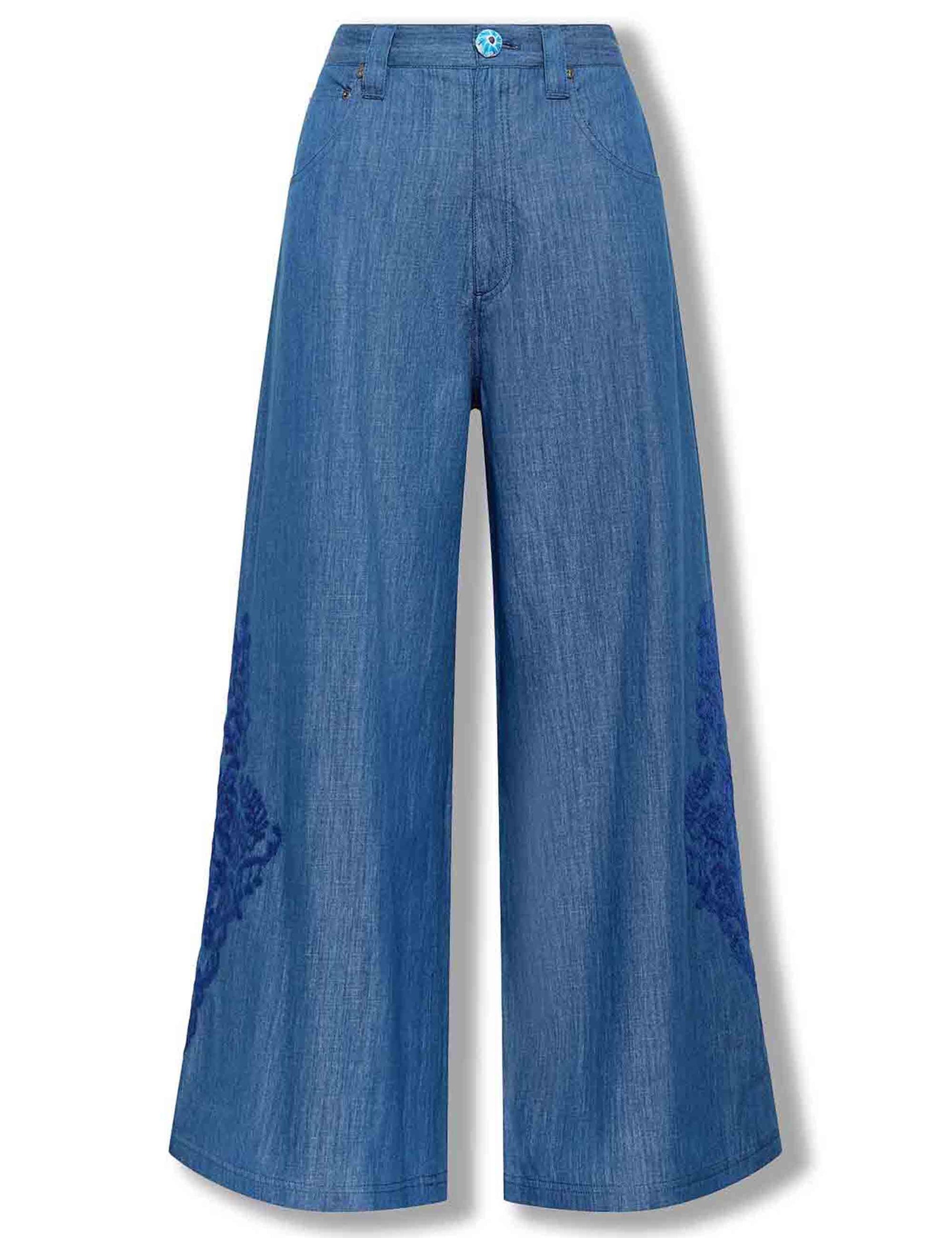 Pantaloni donna Ikat On Chambray in cotone denim blu a gamba larga JH804010210 80002 Maliparmi 