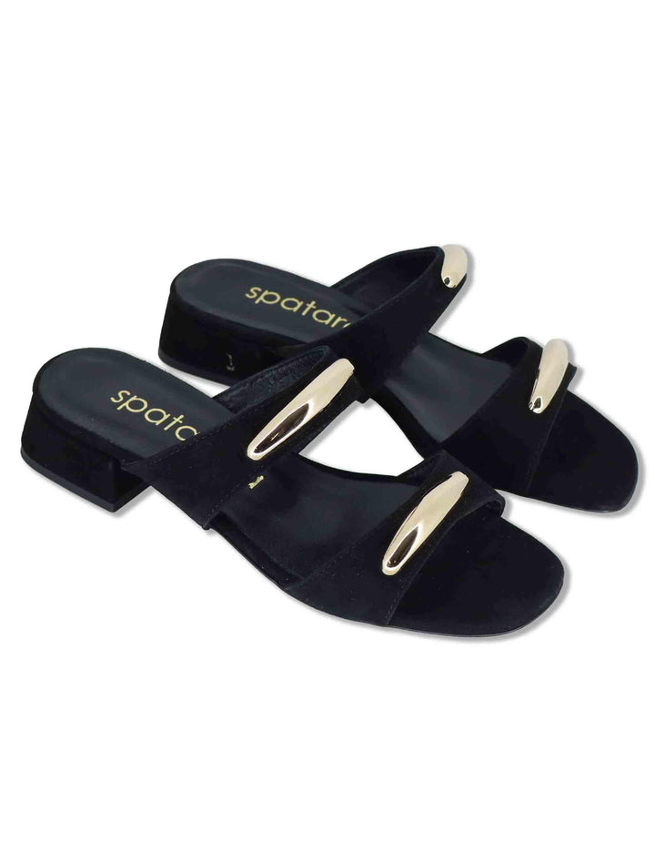 Sandali donna in camoscio nero doppia fascia con accessori e tacco basso SP261528 001 Spatarella 
