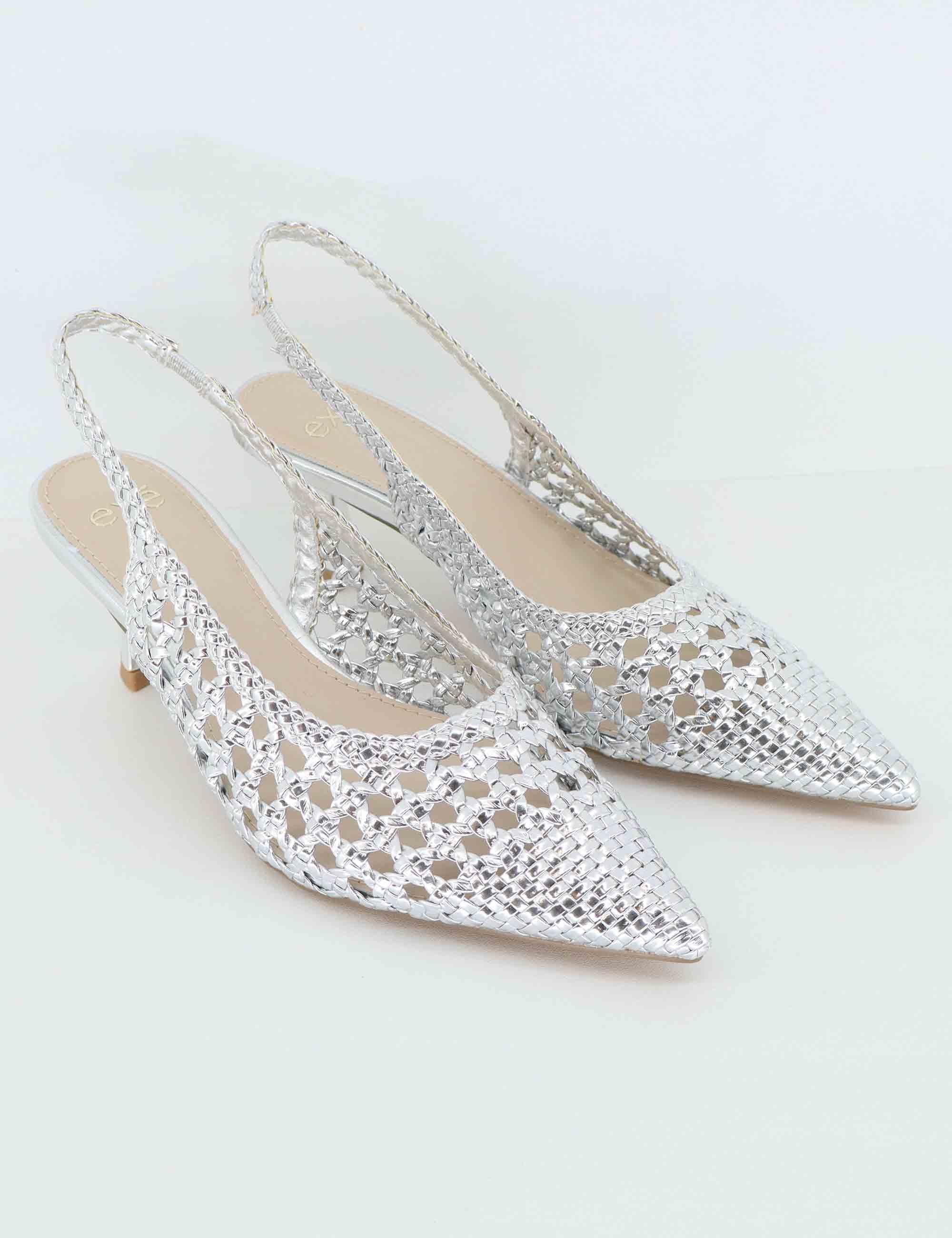 Slingback donna in tessuto argento con tacco gioiello U4700851322L 851 S Exe 