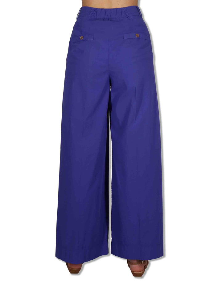 Pantaloni donna in cotone stretch blu a gamba larga PILEA OVO_IRIS TreBarraBi 