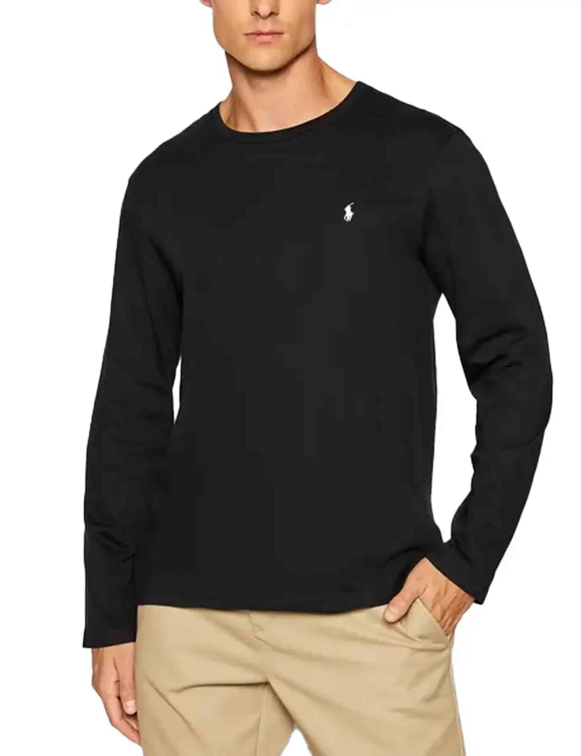 T-shirt uomo Crew in cotone nero con logo ricamato e maniche lunghe 714844759001 POLO BLACK Polo Ralph Lauren 
