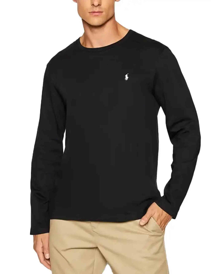 T-shirt uomo Crew in cotone nero con logo ricamato e maniche lunghe 714844759001 POLO BLACK Polo Ralph Lauren 