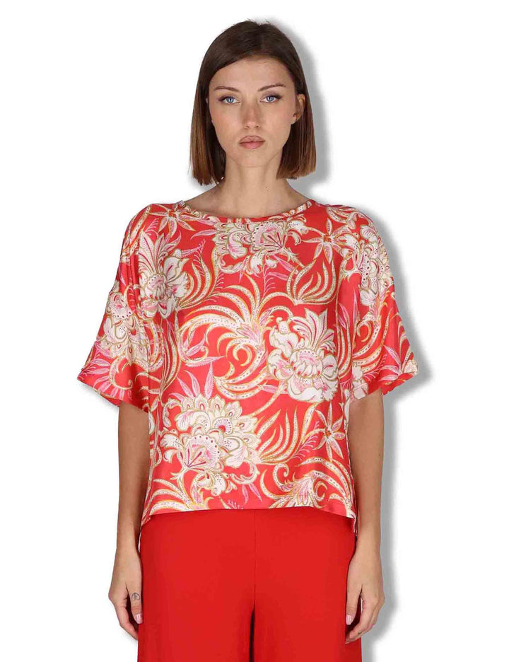 Camicie donna Collection Print in seta rossa a fantasia con maniche a 3/4 JM559031027 B3040 Maliparmi 