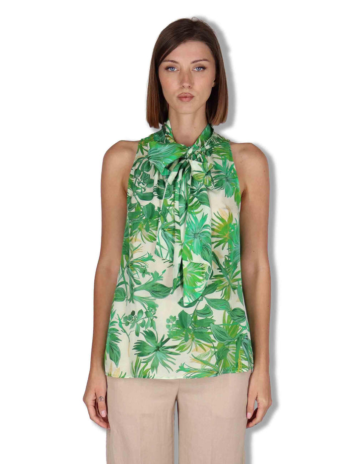Top donna Botanic Jungle in viscosa verde floreale con fusciacca JP555850663 D6091 Maliparmi 