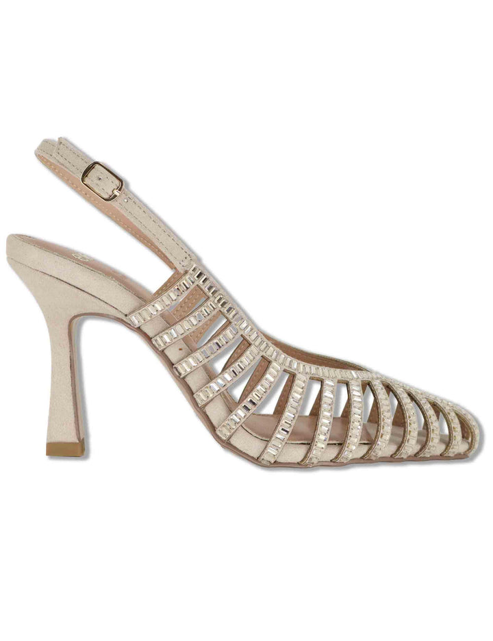 Sandali donna in camoscio e borchie oro con tacco alto e cinturino posteriore W4700505 543H Exe 